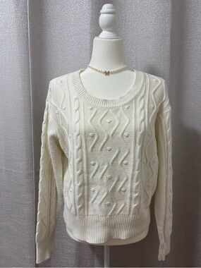 Liz Claiborne Women’s Ivory CableKnit Bobble Pullover Sweater Crewneck Large